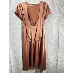 BALTICBORN Rose Gold Satin Midi Dress Short Flutter Sleeves Smocked Waist